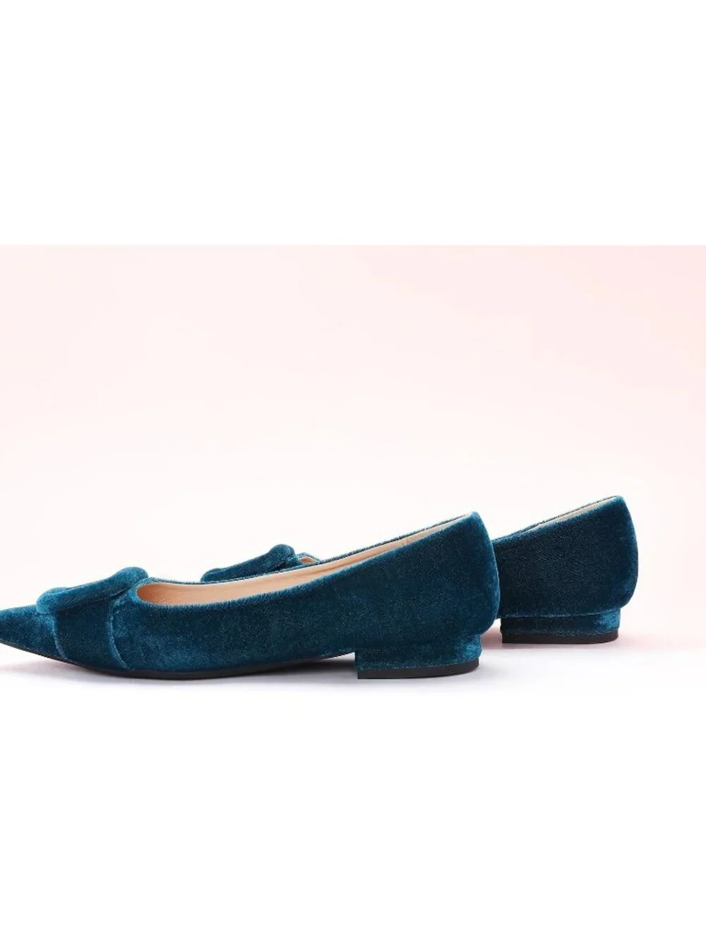 Women's Velvet Peacock Blue Pointed Toe Square Buckle Slip-On Comfortable Shoes